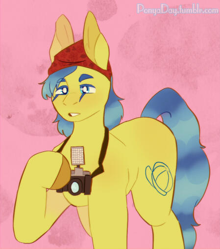 a drawing of a yellow pony with a blue mane holding a camera